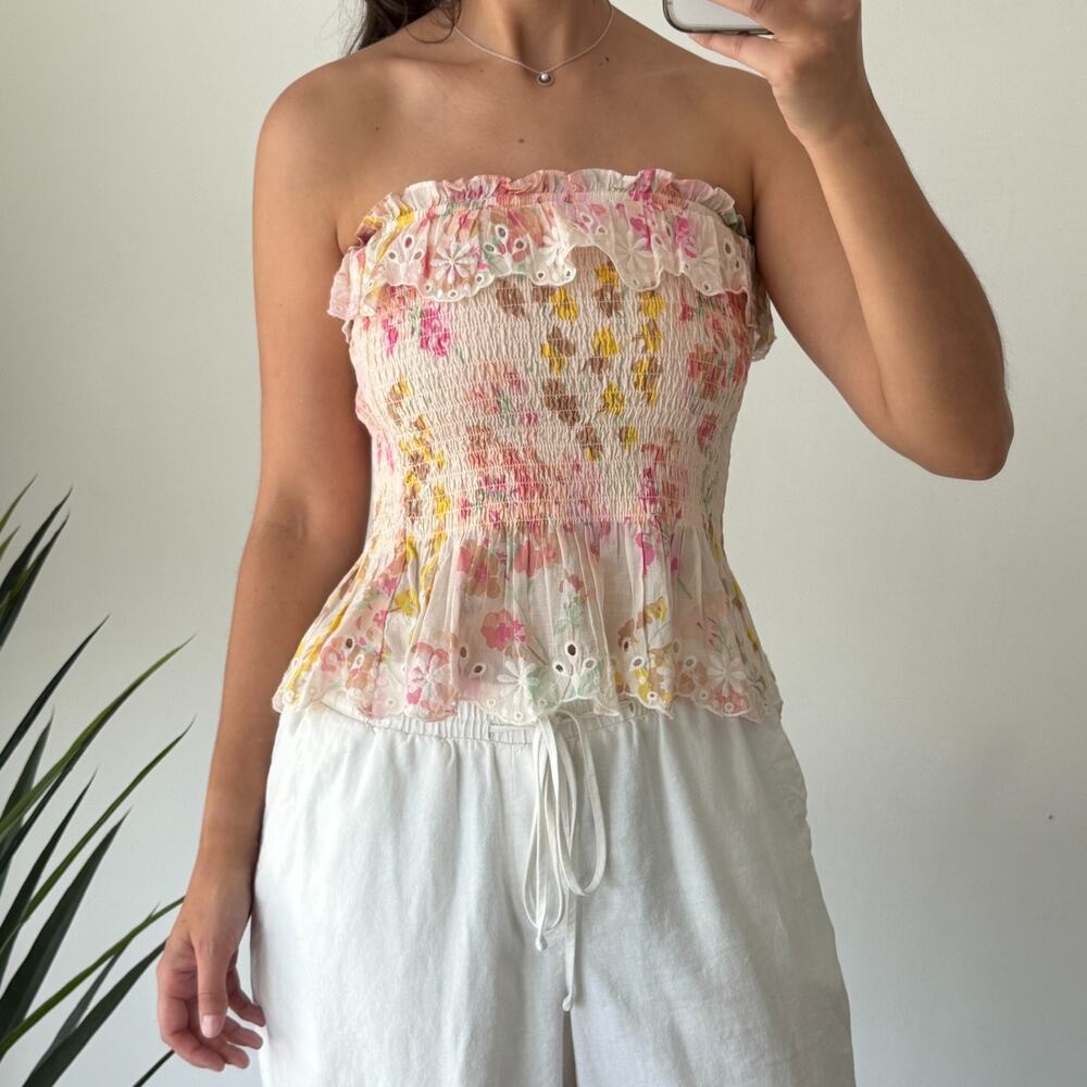 Polo Ralph Lauren Top Small Floral Strapless Smocked Eyelet Coquette Romantic - Picture 1 of 8